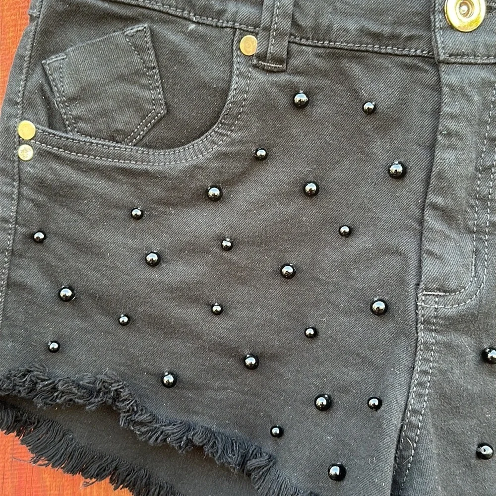 RQDN Black Pearl Studded Cutoff Denim Shorts Frayed Size 9 / 28